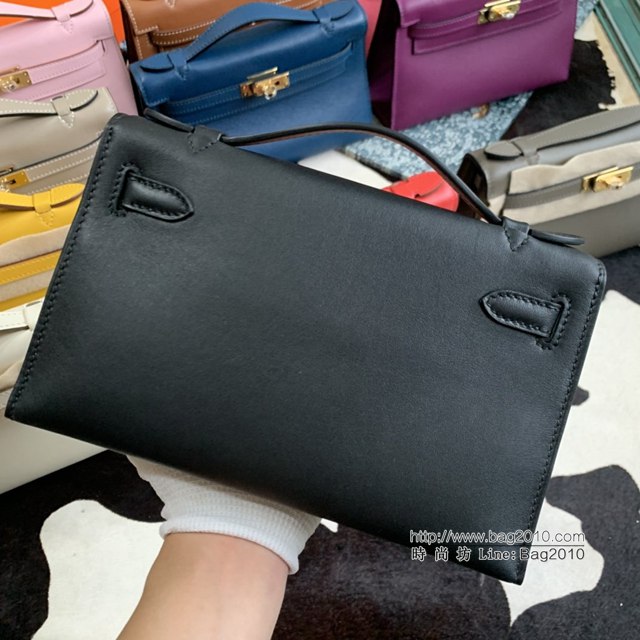 Hermes凱利女包 愛馬仕Minikelly pochette一代 原廠進口swift皮 半手工蠟線 黑色 金銀扣  tdh2266